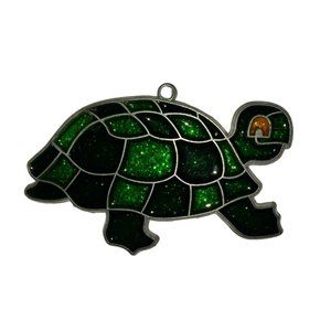 Vintage Handmade Stained Glass Green Turtle Suncatcher Ornament Decorative